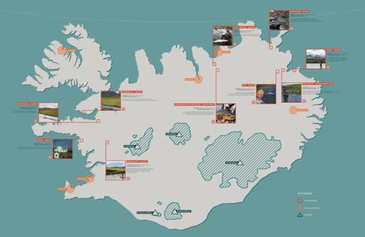 Mapa: Ríos y zonas de pesca de Islandia